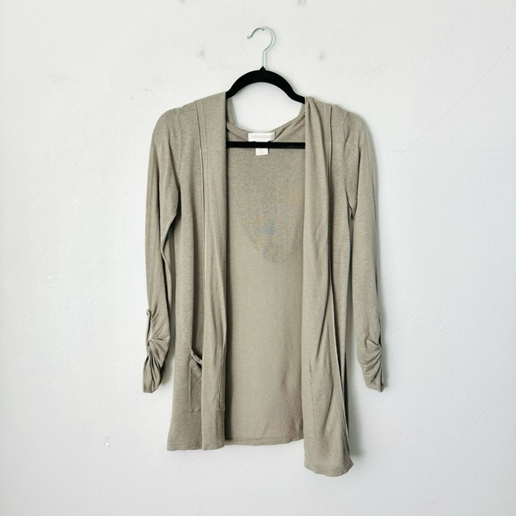 Cynthia Rowley Beige Open Front Hooded Cardigan with Ruched Sleeves Women’s XS - Picture 1 of 8
